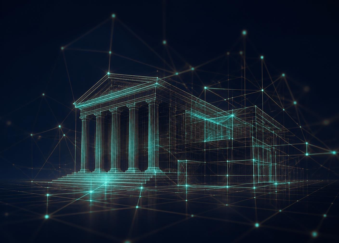 Luminous teal wireframe of an institution connected to a network of nodes